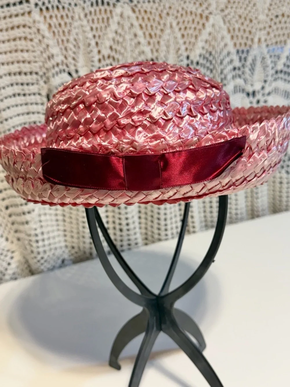 VINTAGE raspberry straw hat‎ 50s 60s bowler church dressy ribbon bow mid century - Picture 4 of 11